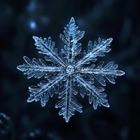 Macro photography of natural snowflake crystal showing intricate symmetrical pattern with delicate branches and detailed ice structure on dark background.