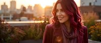 Young Caucasian woman with vibrant red hair smiling outdoors at golden hour, city skyline in background, warm autumn mood.