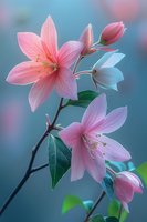 Delicate pink flowers with slender petals and golden stamens against soft blue background, creating dreamy botanical composition for nature photography.