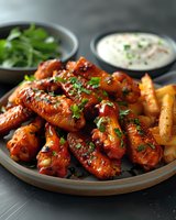 Grilled chicken wings glazed with spicy sauce, garnished with fresh herbs, served with french fries, ranch dip and green salad on gray ceramic plate.