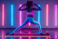 Athletic Asian woman in neon-lit fitness studio doing yoga pose on mat, wearing sports bra and leggings, surrounded by vertical blue and pink LED lights creating vibrant atmosphere.