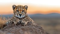 Young cheetah resting on dirt mound during golden sunset, front paws crossed, direct gaze at camera, blurred mountain landscape background, warm evening light.