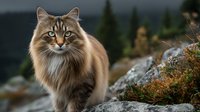 Majestic long-haired brown tabby cat with intense green eyes standing on rocky mountain terrain against blurred forest background.