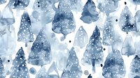 Watercolor winter forest pattern with snow-covered blue pine trees and falling snowflakes on white background creates magical holiday atmosphere.