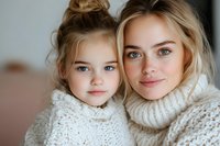 Caucasian mother and daughter in matching white knit sweaters share tender moment together, highlighting family bonds and natural beauty. Close up portrait.