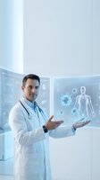Male doctor presenting futuristic holographic medical interface with virus cells and human anatomy in modern healthcare technology environment.