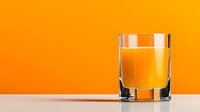 Glass of fresh orange juice on white surface against vibrant orange background, minimalist composition with soft shadow reflection for food and beverage advertising.