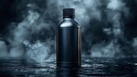 Dark glass bottle with black cap standing on wet surface against dramatic stormy sky with swirling clouds for product photography and commercial use.