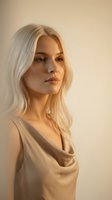 Young blonde Caucasian woman in beige draped top with soft lighting and warm neutral background for fashion and beauty concepts.
