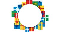 Colorful gift boxes arranged in circular frame with ribbons and bows on white background. Isolated design element suitable for holiday cards, invitations, and festive marketing materials.