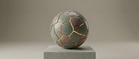 Cracked stone sphere with golden veins displayed on concrete pedestal, representing geological formations, abstract art, and modern sculptural design for galleries and interiors.