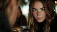 Young woman with long brown hair and freckles gazing at someone during intimate conversation, warm evening lighting with bokeh background, suitable for relationship and connection themes.