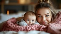Young Caucasian mother and baby lying together wrapped in cozy pink knitted blanket, sharing tender moment at home. Close up portrait showing warmth and connection.