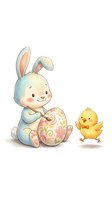 Adorable bunny rabbit painting decorated Easter egg with baby chick friend on white background for spring holiday greeting cards and decorations.