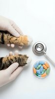 Veterinarian hands in gloves examining cat paws with stethoscope and colorful pills for pet healthcare and medical treatment on white background.