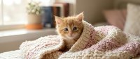 Adorable orange tabby kitten wrapped in soft pink knitted blanket on cozy bed. Cute domestic cat with blue eyes resting indoors for pet care concepts.