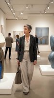 Mature woman with short gray hair, Caucasian ethnicity, wearing professional business attire with charcoal blazer and cream trousers, carrying handbag while viewing contemporary art in modern gallery space with sculptures and paintings.