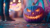 Carved pumpkin jack-o-lantern with glowing face sits on autumn leaves with colorful bokeh lights creating spooky Halloween atmosphere for seasonal decorations.