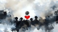 Group of people silhouettes with red heart symbol representing unity, love and community connection against watercolor background for social campaigns.