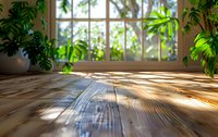 Sunlight streaming through window creates dramatic shadows on wooden floor, framed by lush green monstera plants in bright interior setting.