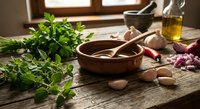 Rustic kitchen scene with fresh herbs, garlic, mortar and pestle on wooden table. Natural cooking ingredients for healthy meal preparation and culinary arts.