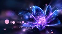 Glowing neon flower with blue and purple petals emitting luminous particles and light rays against dark background for digital art and design projects.
