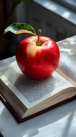 Fresh red apple with green leaf resting on open book pages in natural window light, creating dramatic shadows and highlighting texture of fruit and paper.