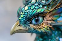 Mystical bird creature with iridescent turquoise and gold feathers featuring intricate scale patterns and striking blue eye, captured in detailed macro photography.