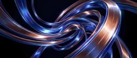 Abstract metallic ribbons swirling in dynamic motion with blue and copper gradients creating flowing energy patterns on dark background.
