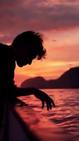 Silhouette of person leaning over boat edge at sunset, dramatic orange sky reflects on calm water surface between mountain peaks, creating peaceful scene.