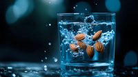 Fresh almonds splashing into clear water glass creating dynamic bubbles and ripples against dark blue background for healthy nutrition concepts.
