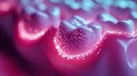 Glowing heart shape with sparkling light particles against blurred purple and pink background creates romantic atmospheric composition for Valentine designs.