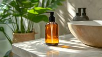 Amber glass pump bottle with organic skincare product on marble bathroom counter with sunlight, plants, and ceramic bowl for spa atmosphere.