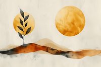 Minimalist watercolor landscape with black botanical silhouette against golden sun, rolling desert hills in earth tones, and abstract moon creating serene composition.