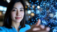 Young Asian businesswoman interacting with glowing digital network sphere in modern office environment showcasing futuristic technology and connectivity.