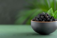 Black dried prunes in ceramic bowl on green background with fresh leaves, healthy organic dried fruit snack for natural nutrition and diet.