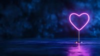 Glowing neon pink heart shape reflected on wet surface against dark blue background, creating romantic futuristic atmosphere for Valentine's day designs.