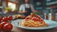 Delicious spaghetti with rich tomato sauce garnished with fresh basil on white plate in professional kitchen with chef cooking in background.