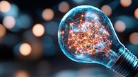 Glowing light bulb with illuminated orange filament network against blurred bokeh background, symbolizing innovation and creative energy solutions.