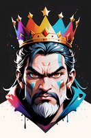 Fierce bearded king with colorful crown and face paint on black background. Dramatic portrait shows intense orange eyes and white hair, styled in modern art technique.