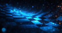 Glowing blue checkered pattern with floating particles and light effects on dark background creates futuristic technology atmosphere. Abstract digital design.