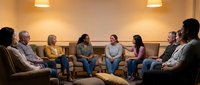 Diverse group of adults sitting in circle during therapy session or support group meeting in warm comfortable room with soft lighting.
