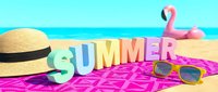 Colorful summer text on sandy beach with straw hat, yellow sunglasses, pink towel, and flamingo float in turquoise ocean background.