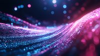 Abstract glowing wave of sparkling particles flowing with pink and blue bokeh lights on dark background, creating magical motion effect for technology designs.