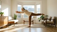 Young blonde woman practicing yoga warrior pose in bright modern living room with natural light streaming through large windows and houseplants.