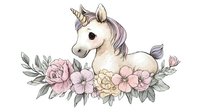 Magical unicorn with pastel pink and yellow flowers, green leaves in soft watercolor style on white background, ready for nursery art and stationery design.