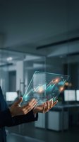 Businesswoman holding transparent tablet displaying glowing financial charts and upward trending graphs in modern office environment for data analysis and investment growth concepts.