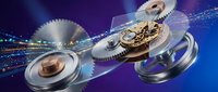 Precision mechanical gears and clockwork components floating in dynamic motion against vibrant blue digital background for engineering concepts.
