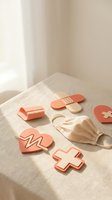 Coral pink medical symbols including hearts, cross, bandage, and face mask arranged on a linen surface in warm natural light.