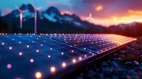 Solar panels illuminated by glowing lights at sunset with mountain silhouettes in background, creating magical atmosphere of renewable energy technology.